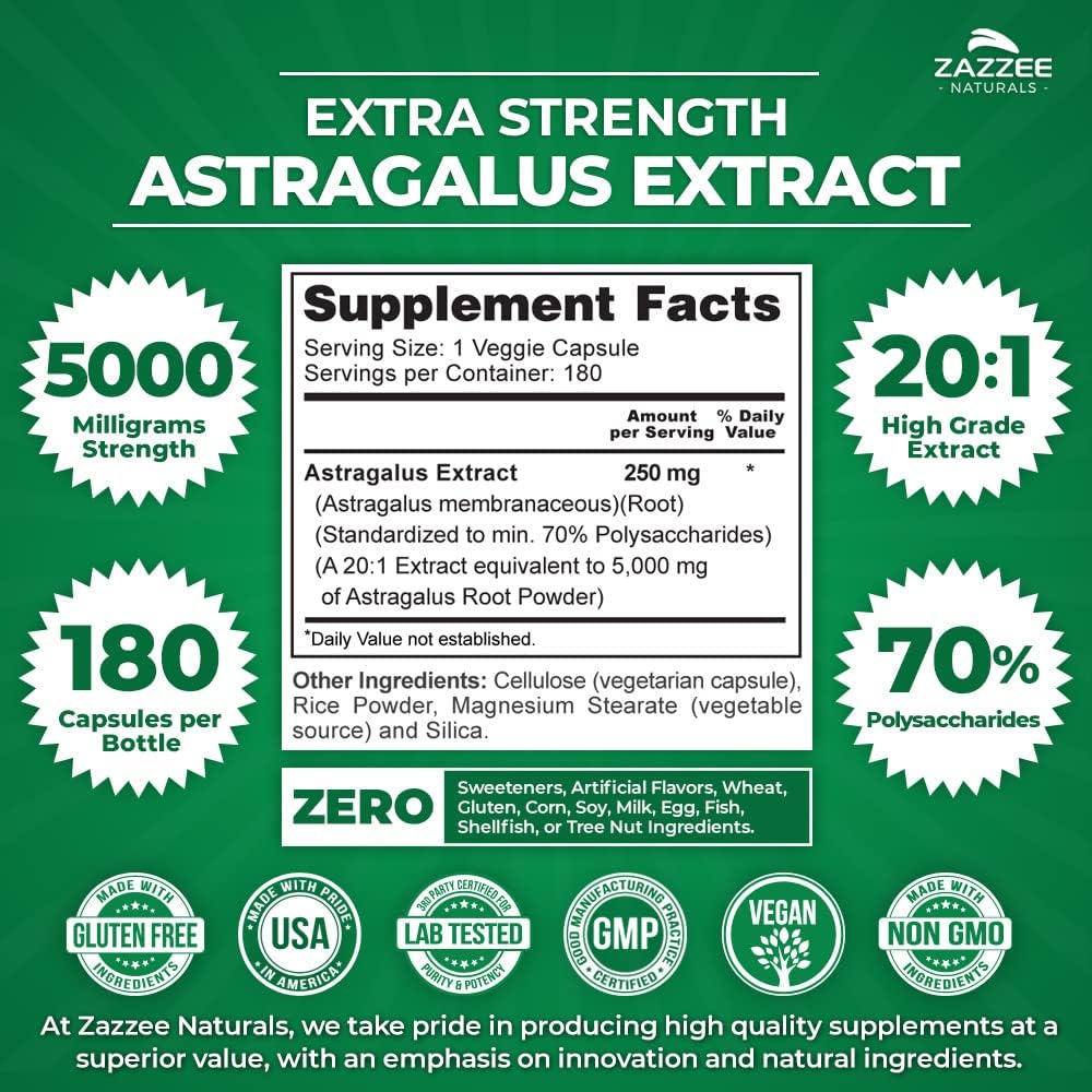 خلاصة جذور استراجالوس تعادل 5000 ملجم 180 كبسولة Zazzee Extra Strength Astragalus Root 20:1 Extract 70% Polysaccharides (Best Before 01-05-2026) خلاصة جذور استراجالوس تعادل 5000 ملجم 180 كبسولة Zazzee Extra Strength Astragalus Root 20:1 Extract 70% Polysaccharides (Best Before 01-05-2026)