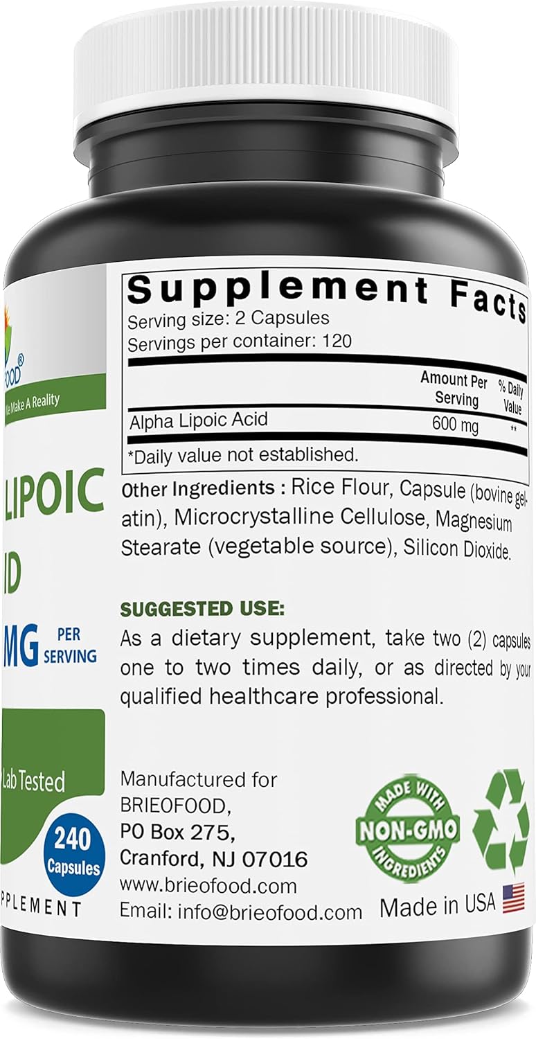 حمض ألفا ليبويك 600 ملجم 240 كبسولة Brieofood Alpha Lipoic Acid Non-GMO (Best Before 01-11-2028)