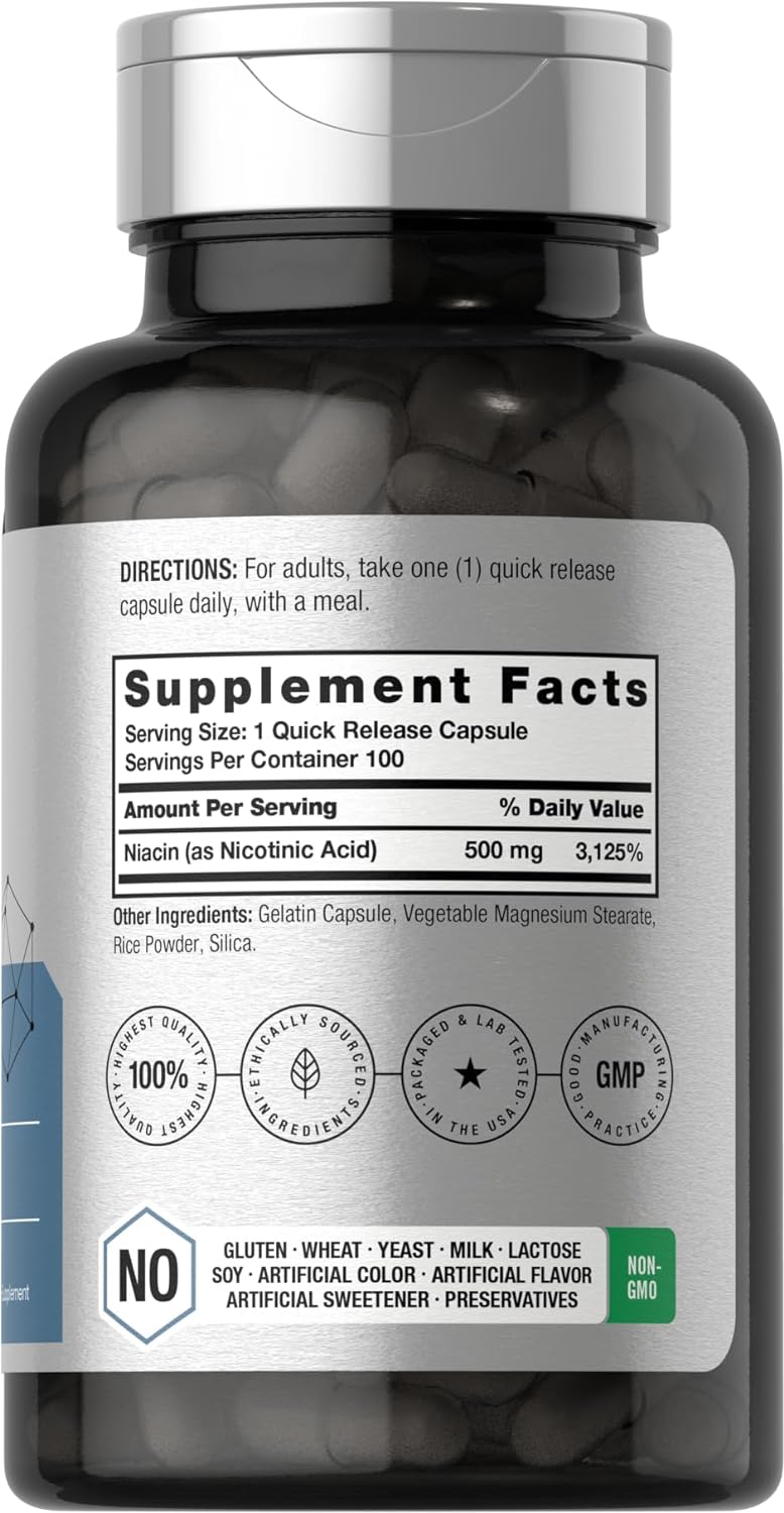 فيتامين ب3 نياسين 500 ملغم 100 كبسولة Horbäach Niacin (B3) (Non-GMO) (Best Before 01-03-2027)