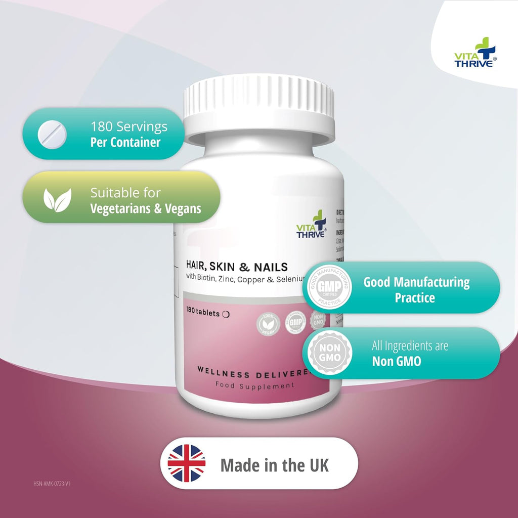 تركيبة العناية بالشعر، والبشرة، والأظافر، بيوتين 10،000 مكجم 180 قرص VitaThrive® Hair, Skin & Nails (Best Before 01-07-2026) تركيبة العناية بالشعر، والبشرة، والأظافر، بيوتين 10،000 مكجم 180 قرص VitaThrive® Hair, Skin & Nails (Best Before 01-07-2026)