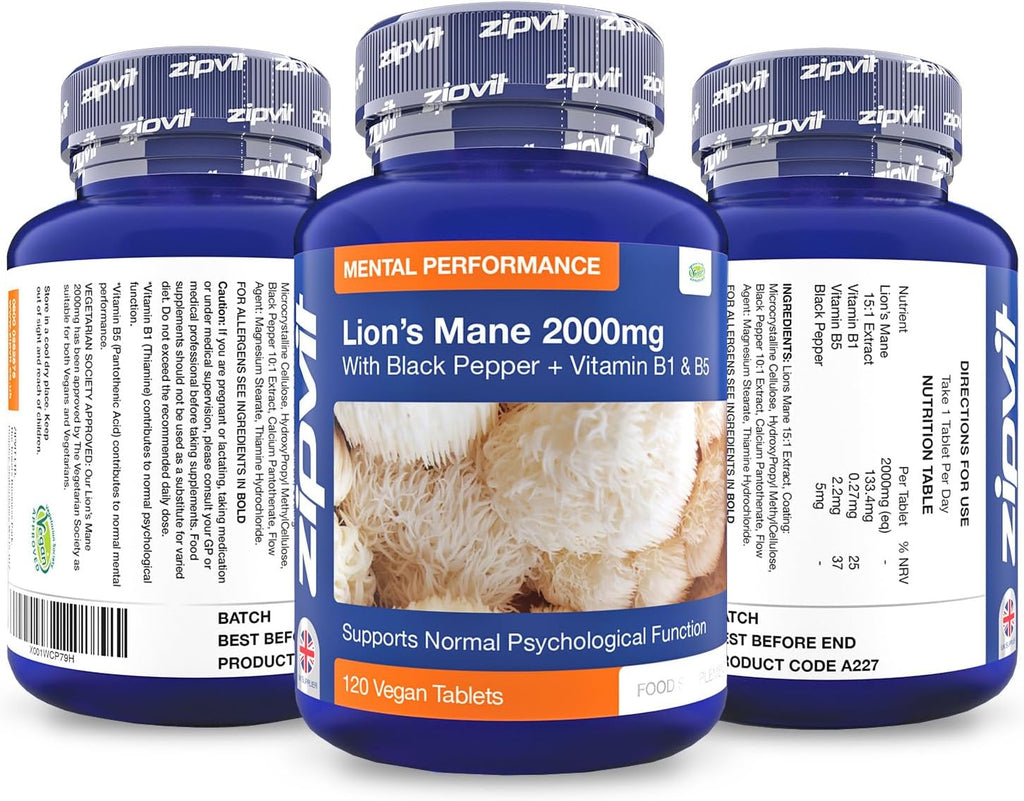 خلاصة فطر عرف الأسد 15:1 تعادل 2000 ملغم مع فيتامينات و3 عناصر لزيادة الامتصاص 120 قرص Zipvit Lions Mane Mushroom Extract with Black Pepper and Vitamins B1 & B5 (Best Before 01-03-2027) خلاصة فطر عرف الأسد 15:1 تعادل 2000 ملغم مع فيتامينات و3 عناصر لزيادة الامتصاص 120 قرص Zipvit Lions Mane Mushroom Extract with Black Pepper and Vitamins B1 & B5 (Best Before 01-03-2027)
