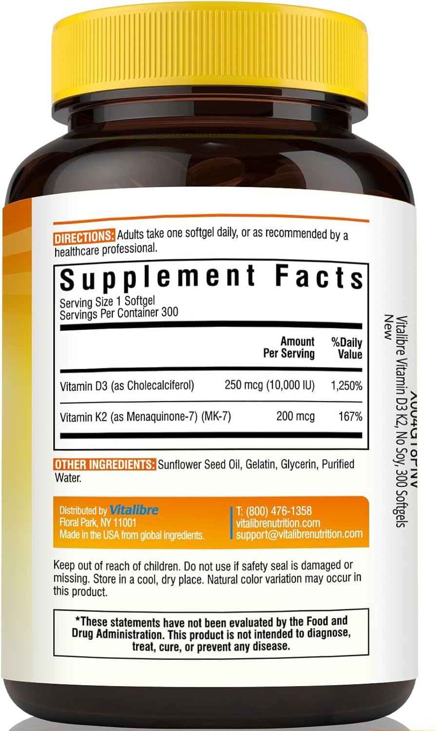 فيتامين د3 10000 وحدة + ك2 200 ميكرو 300 حبة Vitalibre Vitamin D3 + K2 (Best Before 01-03-2028)
