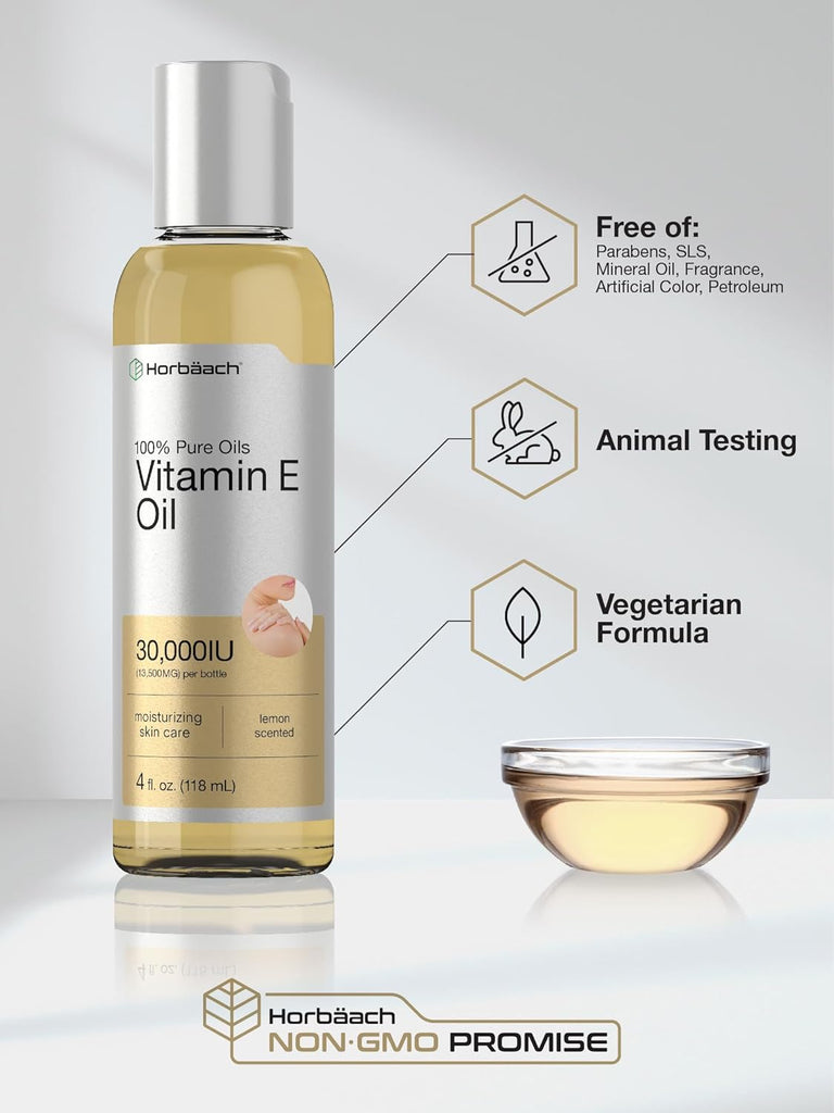 زيت فيتامين هـ (إي)، بالقوة المضاعفة 30,000 وحدة 118 مل Horbäach Vitamin E Oil Non-GMO زيت فيتامين هـ (إي)، بالقوة المضاعفة 30,000 وحدة 118 مل Horbäach Vitamin E Oil Non-GMO