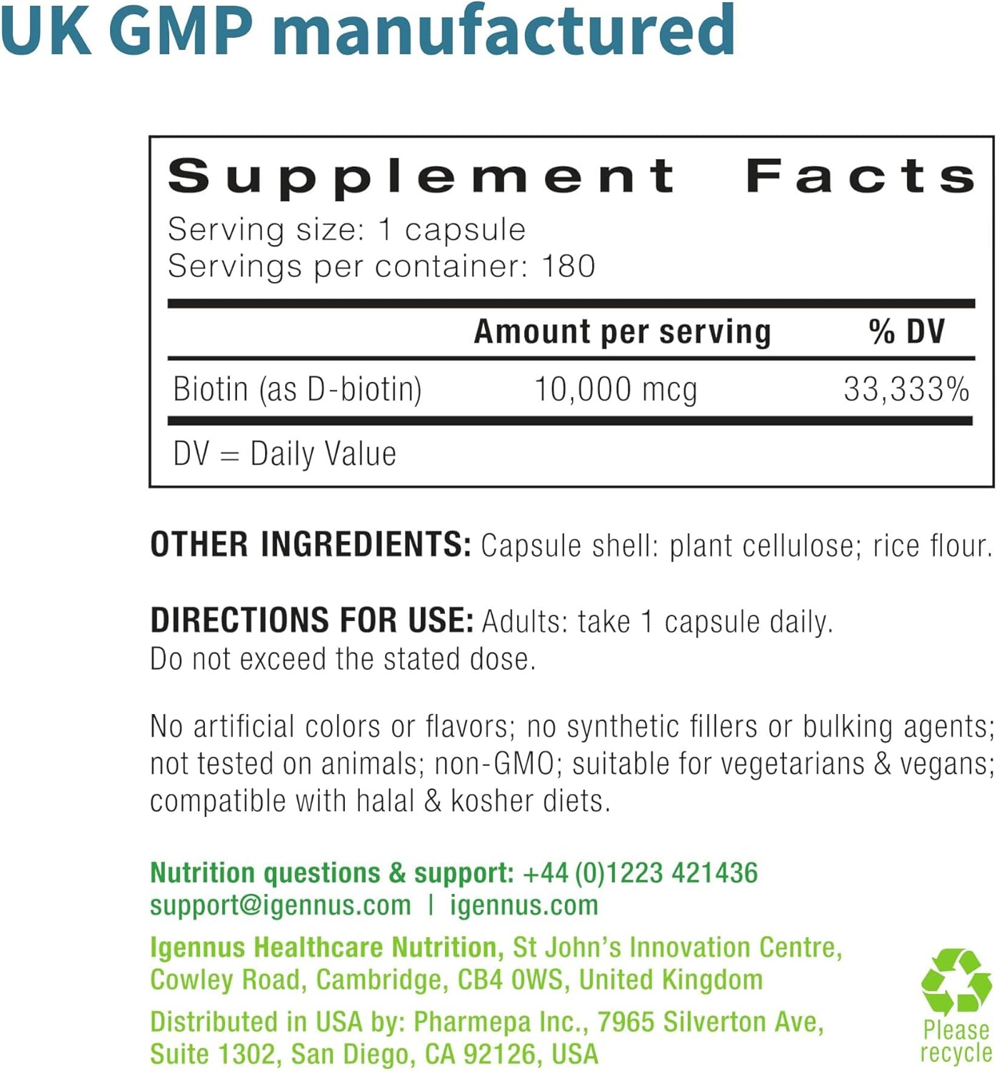 بيوتين 10،000 مكجم  (فيتامين ب7) عالي الفعالية 180 كبسولة Igennus Clean Biotin High Potency (Vitamin B7) (Best Before 01-03-2027)