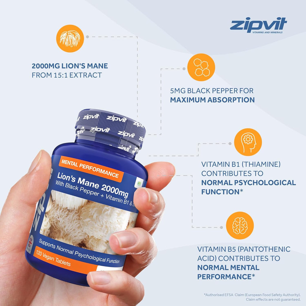 خلاصة فطر عرف الأسد 15:1 تعادل 2000 ملغم مع فيتامينات و3 عناصر لزيادة الامتصاص 120 قرص Zipvit Lions Mane Mushroom Extract with Black Pepper and Vitamins B1 & B5 (Best Before 01-03-2027) خلاصة فطر عرف الأسد 15:1 تعادل 2000 ملغم مع فيتامينات و3 عناصر لزيادة الامتصاص 120 قرص Zipvit Lions Mane Mushroom Extract with Black Pepper and Vitamins B1 & B5 (Best Before 01-03-2027)