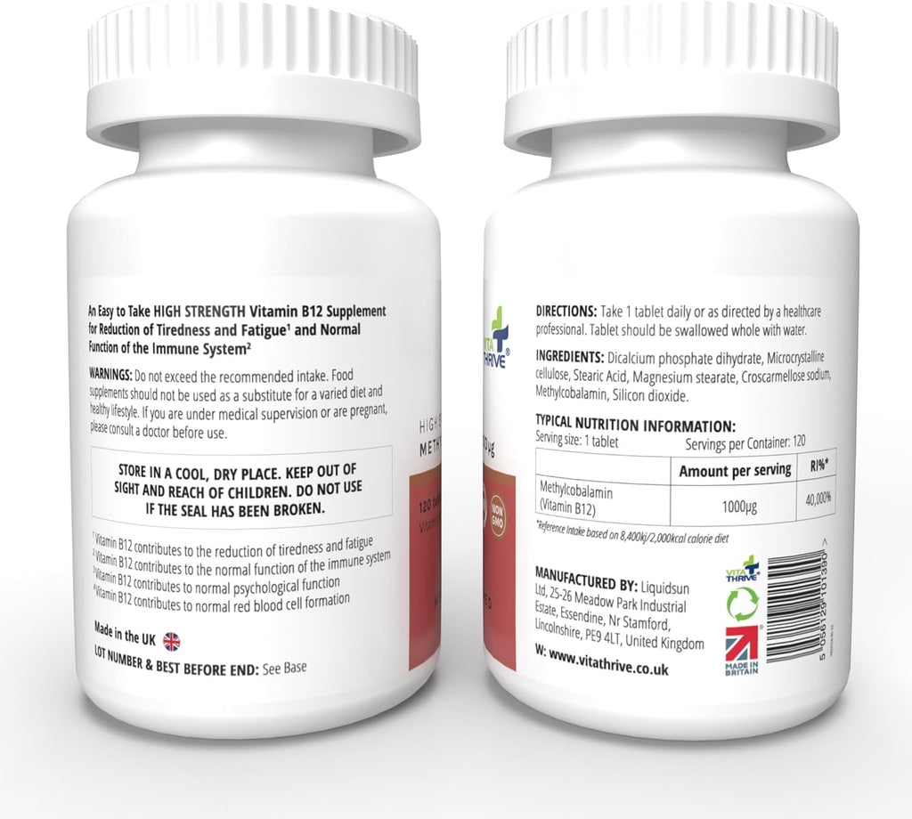 فيتامين ب 12 طبيعي ميثيل كوبالامين 1000 مكجم 120 قرص VitaThrive® Vitamin B12 (Methylcobalamin) (Best Before 01-11-2026)