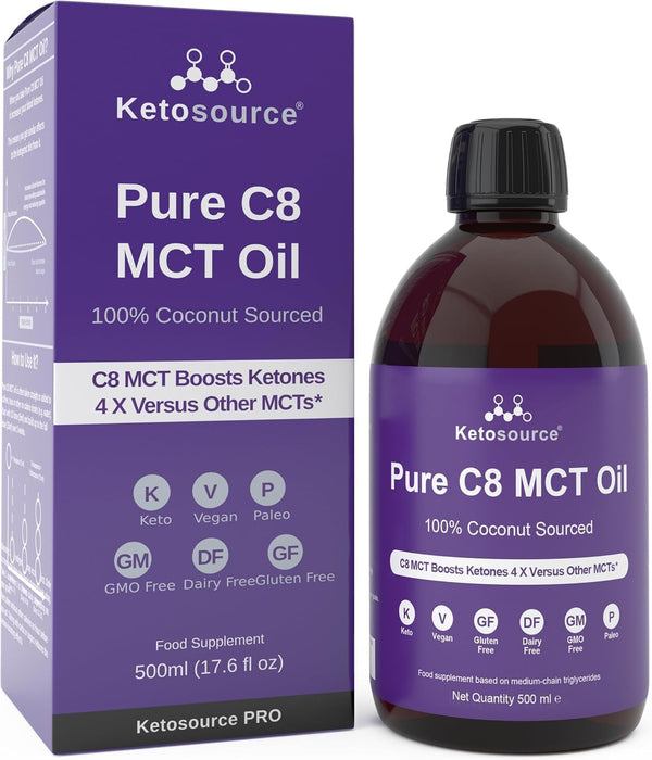 Ketosource Pure C8 MCT Oil Boosts Ketones 4X Versus Other MCTs Highest 99%+ Purity 100% Coconut 500 ML (Best Before 01-06-2026)