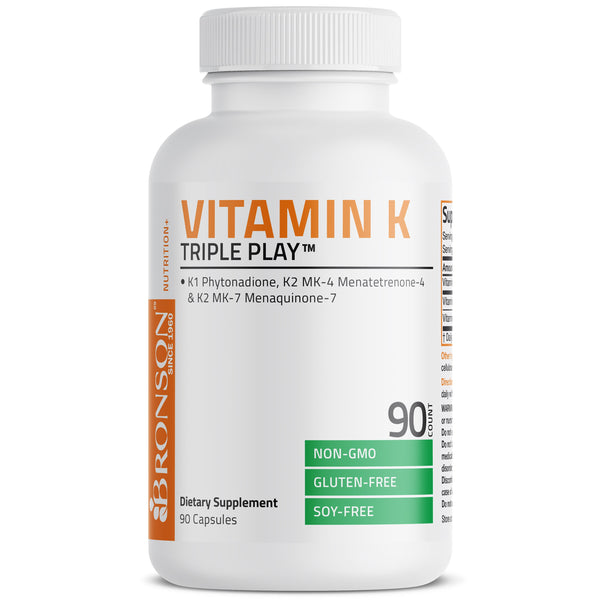 فيتامين ك كومبلكس ( ك1 100 ميكرو + ك2 450 ميكرو) 90 كبسولة Bronson Vitamin K Triple Play™ with K1 and K2 MK4 + MK7 Non-GMO (Best Before 01-03-2027)