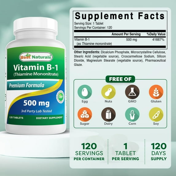فيتامين ب1 (ثيامين) 500 ملجم 120 قرص Best Naturals Vitamin B1 (Thiamin) (Best Before 01-06-2028)