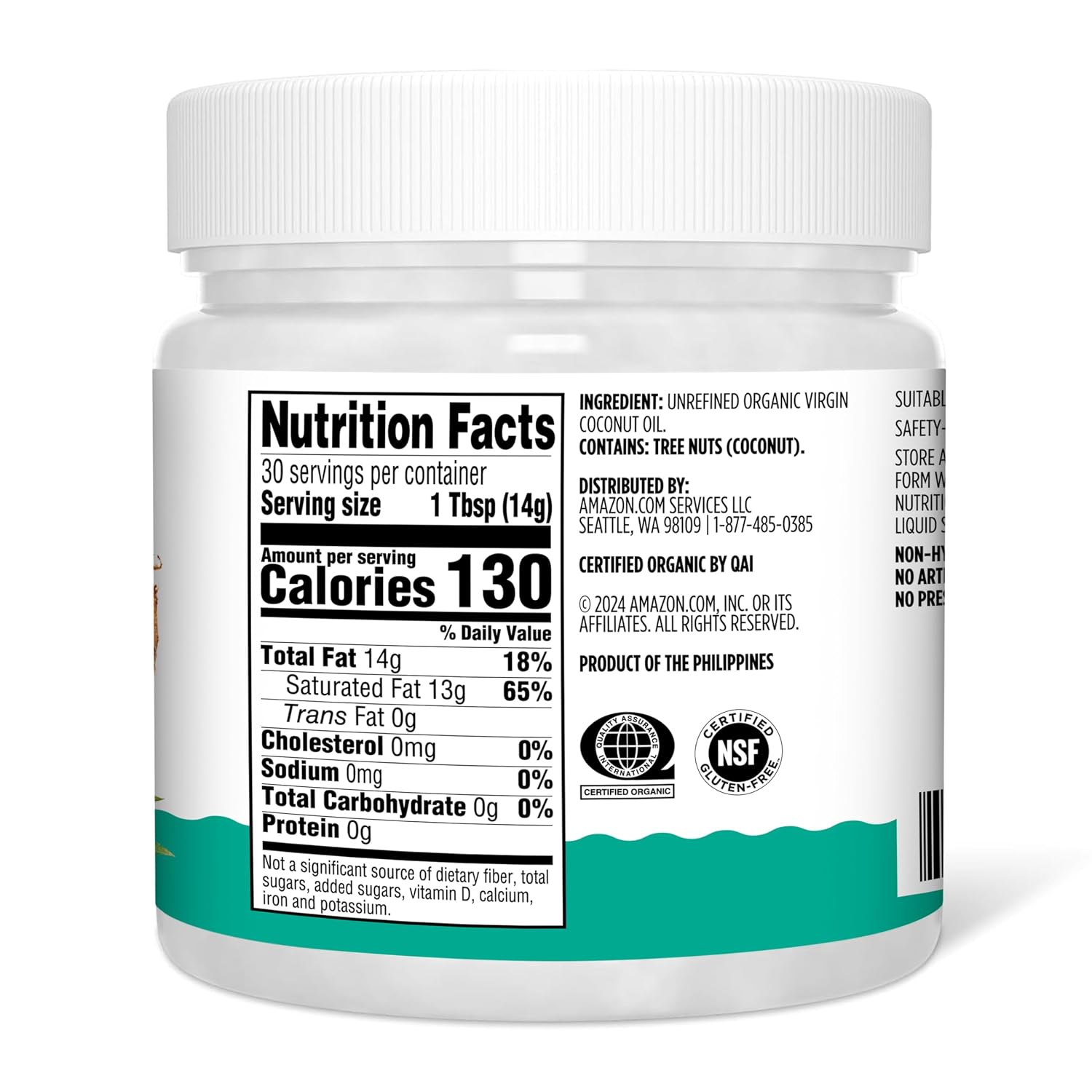 زيت جوز الهند البكر العضوي 444 مل Amazon Grocery, Organic Virgin Coconut Oil Non-GMO (Best Before 20-05-2028)