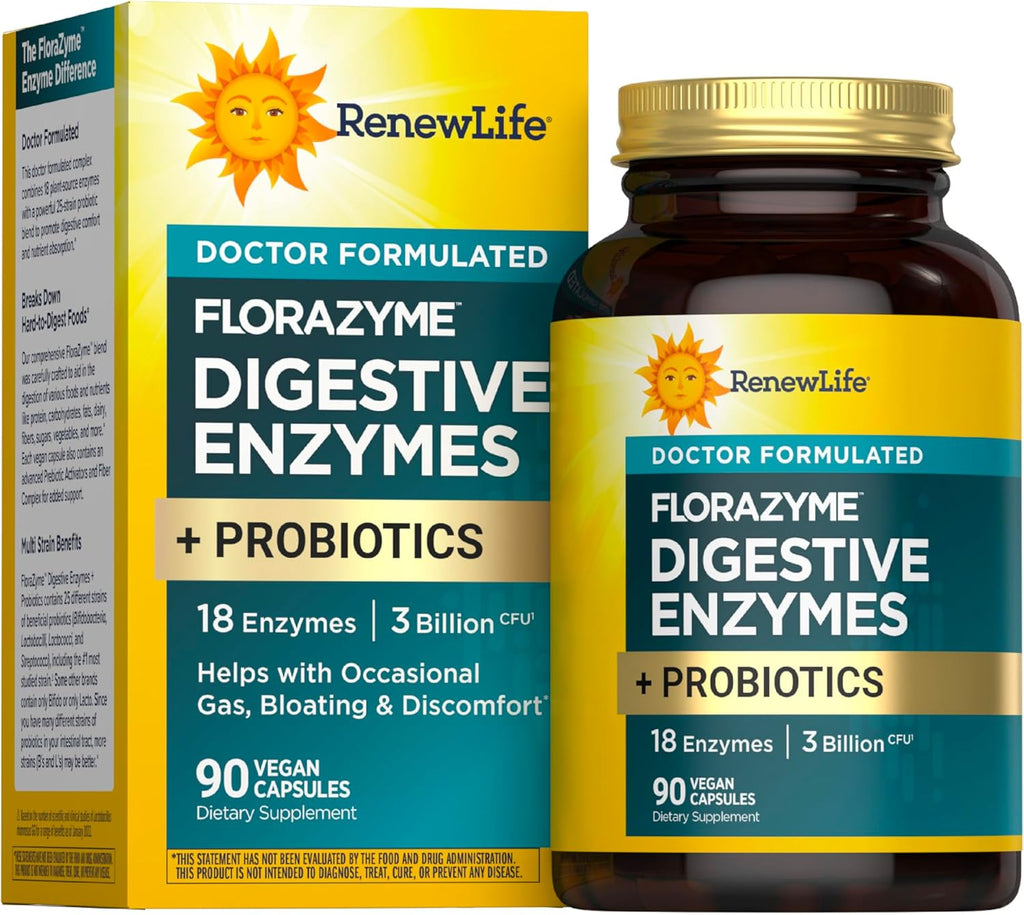 إنزيمات هاضمة 18 عنصر + بروبيوتيك (بكتيريا نافعة) 25 سلالة + بريبيوتك (غذاء البكتيريا النافعة) 90 كبسولة Renew Life Florazyme Digestive Enzymes with Probiotics (Best Before 01-11-2026)