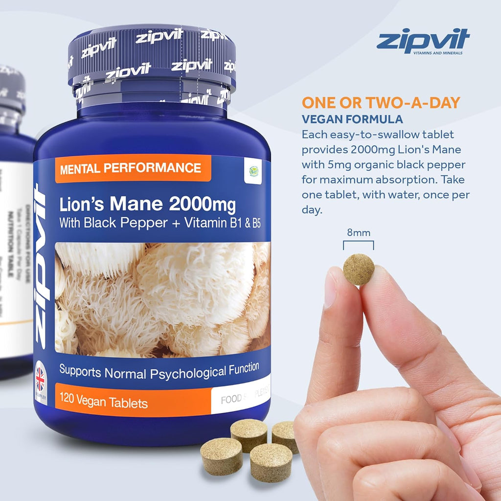 خلاصة فطر عرف الأسد 15:1 تعادل 2000 ملغم مع فيتامينات و3 عناصر لزيادة الامتصاص 120 قرص Zipvit Lions Mane Mushroom Extract with Black Pepper and Vitamins B1 & B5 (Best Before 01-03-2027) خلاصة فطر عرف الأسد 15:1 تعادل 2000 ملغم مع فيتامينات و3 عناصر لزيادة الامتصاص 120 قرص Zipvit Lions Mane Mushroom Extract with Black Pepper and Vitamins B1 & B5 (Best Before 01-03-2027)