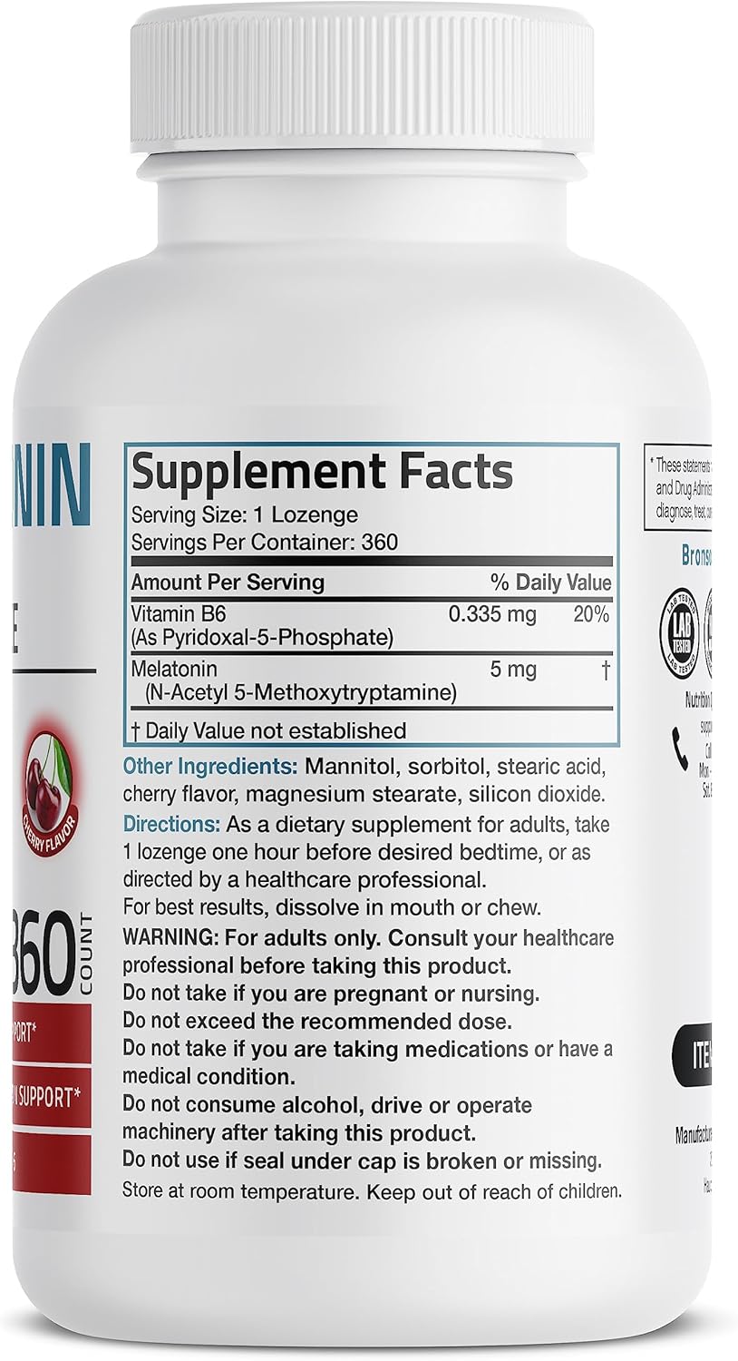 ميلاتونين 5 ملجم مع فيتامين ب6 لأفضل امتصاص بنكهة الكرز الأحمر 360 قرص تحت اللسان Bronson Melatonin Fast Dissolve - Cherry (Best Before 01-05-2027)