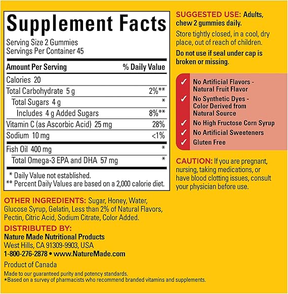 اوميجا 3 زيت السمك 200 ملجم مع فيتامين سي 90 حبة سوس Nature Made Fish Oil Omega 3 Gummies (Best Before 01-10-2026)