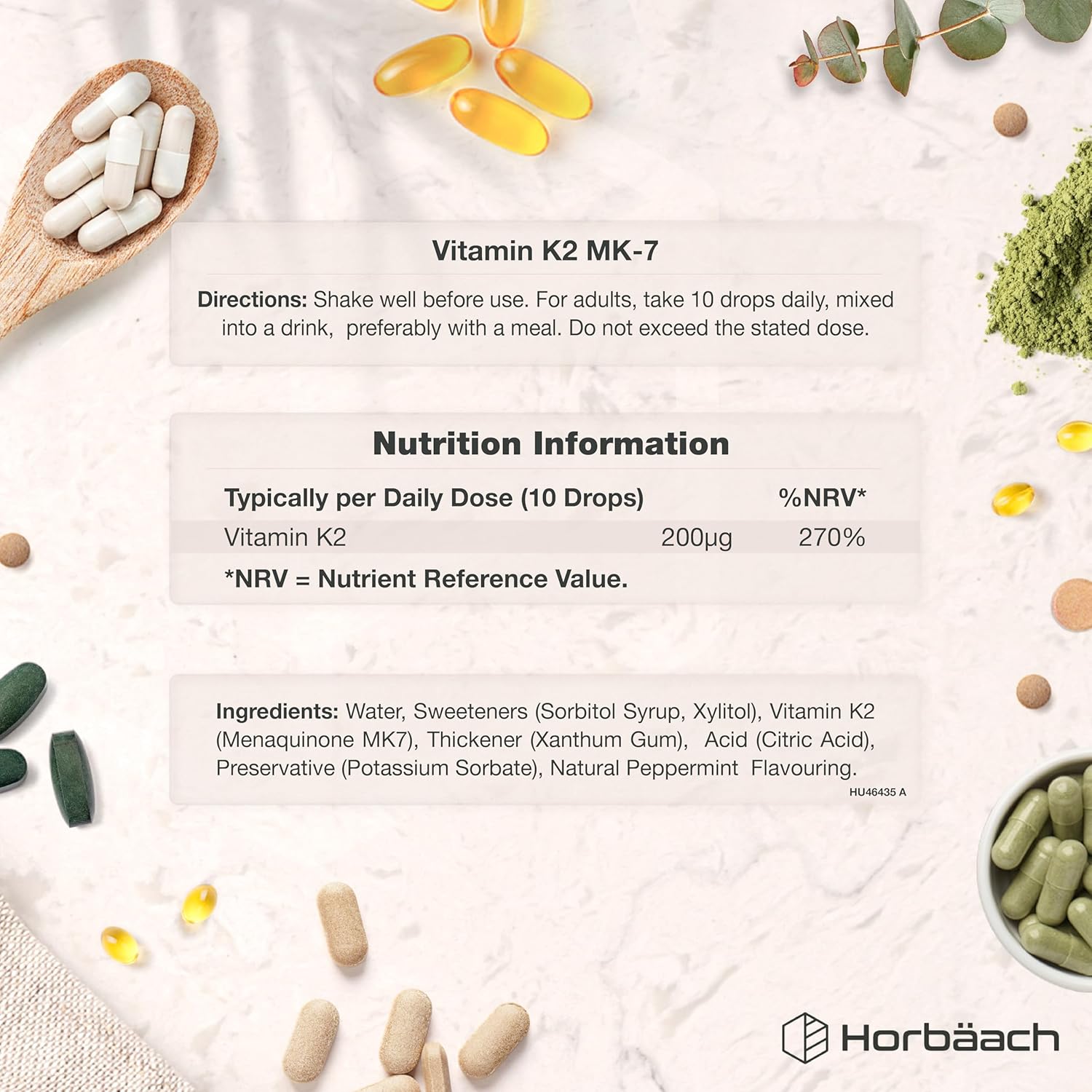 فيتامين ك2 سائل 200 ملغم كل 10 نقاط بنكهة النعنع 50 مل Horbäach Vitamin K2 MK7 Drops High Strength Peppermint Flavour (Best Before 01-04-2027)