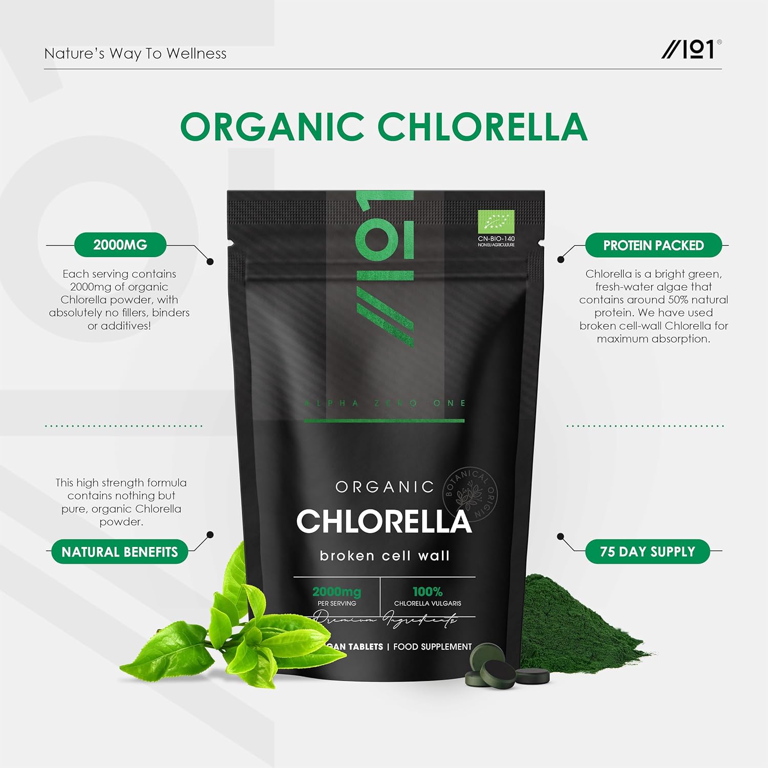 كلوريلا عضوية معتمدة اوروبية 500 ملجم 300 قرص ALPHA01 Organic Chlorella Broken Cell Wall Pure Formula (Best Before 22-07-2027)