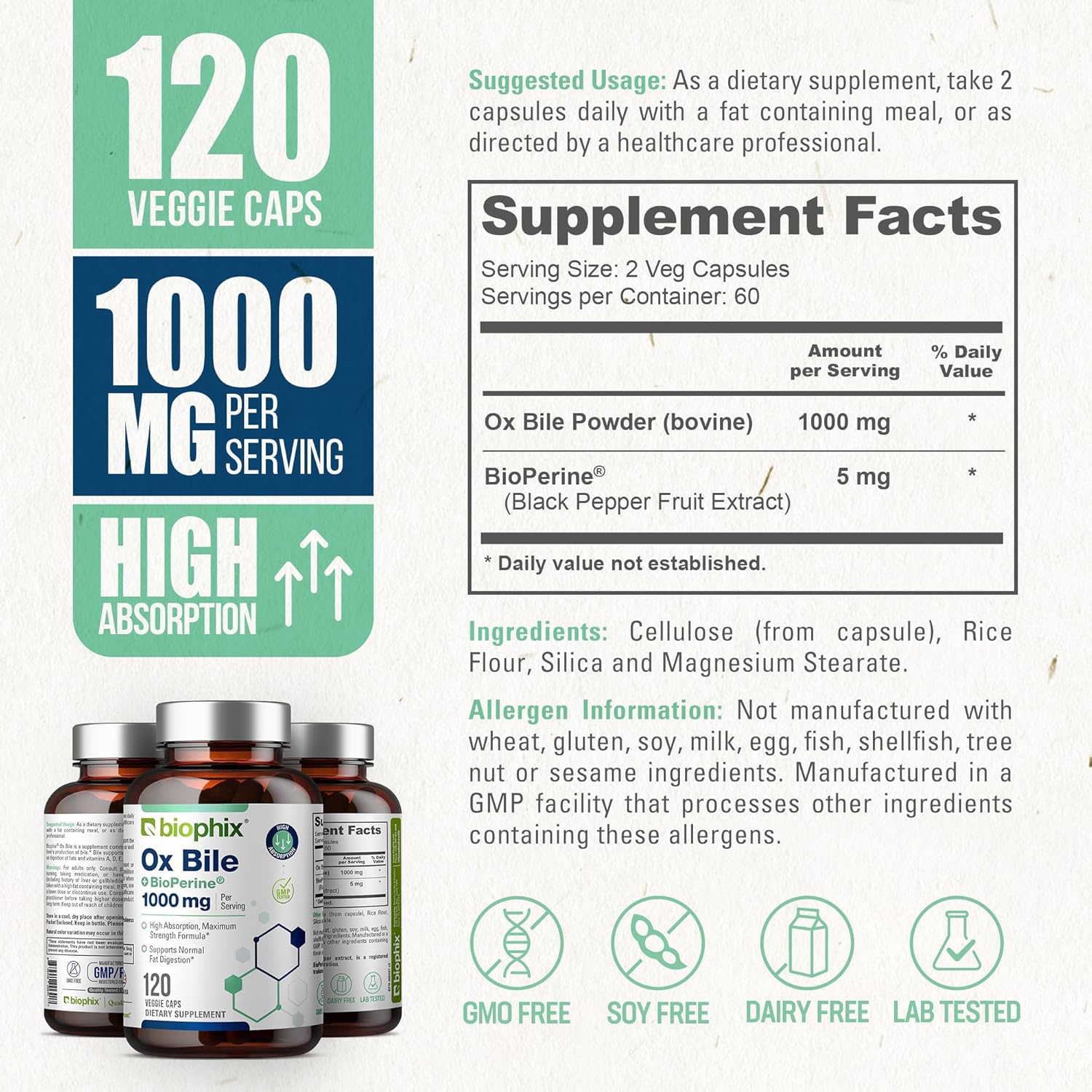 املاح المرارة بالقوة المضاعفة 500 ملغم مع زيادة الامتصاص 120 كبسولة biophix Ox Bile with BioPerine High Absorption Digestive Enzymes (Best Before 01-03-2028)