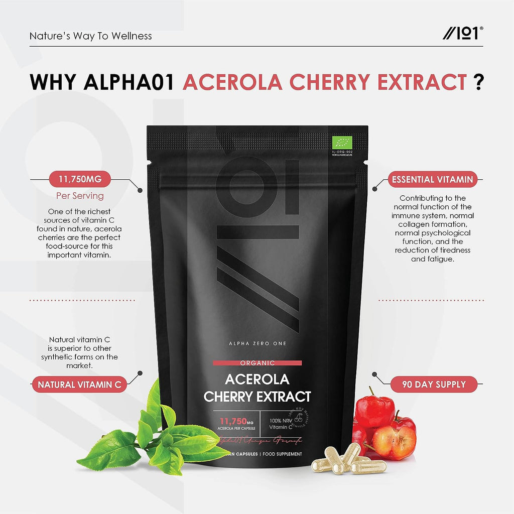 فيتامين سي طبيعي 100% 80 ملغم من خلاصة الكرز الهندي يعادل 11750 ملغم 90 كبسولة ALPHA01 Organic Acerola Cherry Extract 100% Natural Vitamin C (Best Before 01-01-2028) فيتامين سي طبيعي 100% 80 ملغم من خلاصة الكرز الهندي يعادل 11750 ملغم 90 كبسولة ALPHA01 Organic Acerola Cherry Extract 100% Natural Vitamin C (Best Before 01-01-2028)