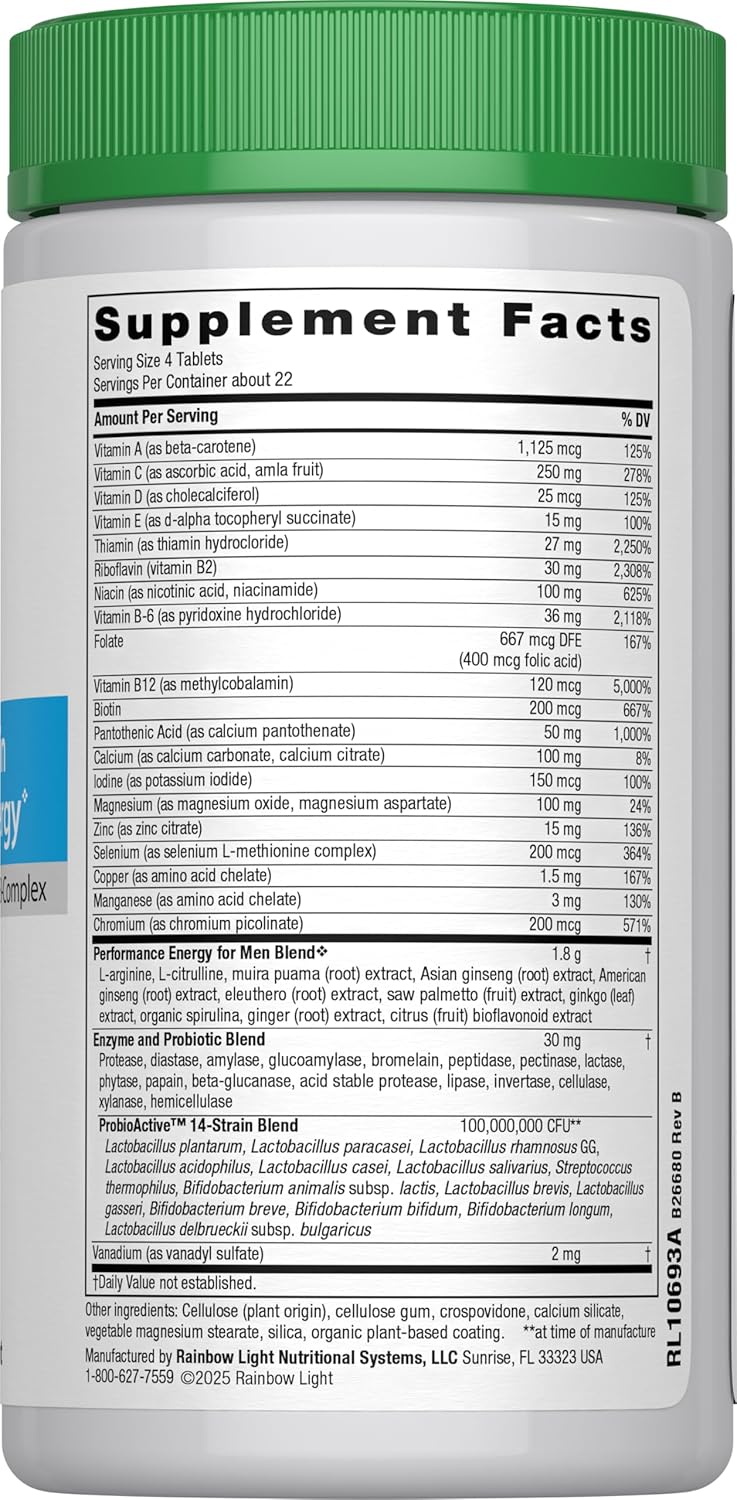 فيتامينات ومعادن متعددة لصحة وطاقة الرجال + معزز أوكسيد النتريك الطبيعي + بروبيوتيك + انزيمات هاضمة 90 قرص Rainbow Light Men's Multivitamin for Performance Energy (Best Before 01-03-2027)