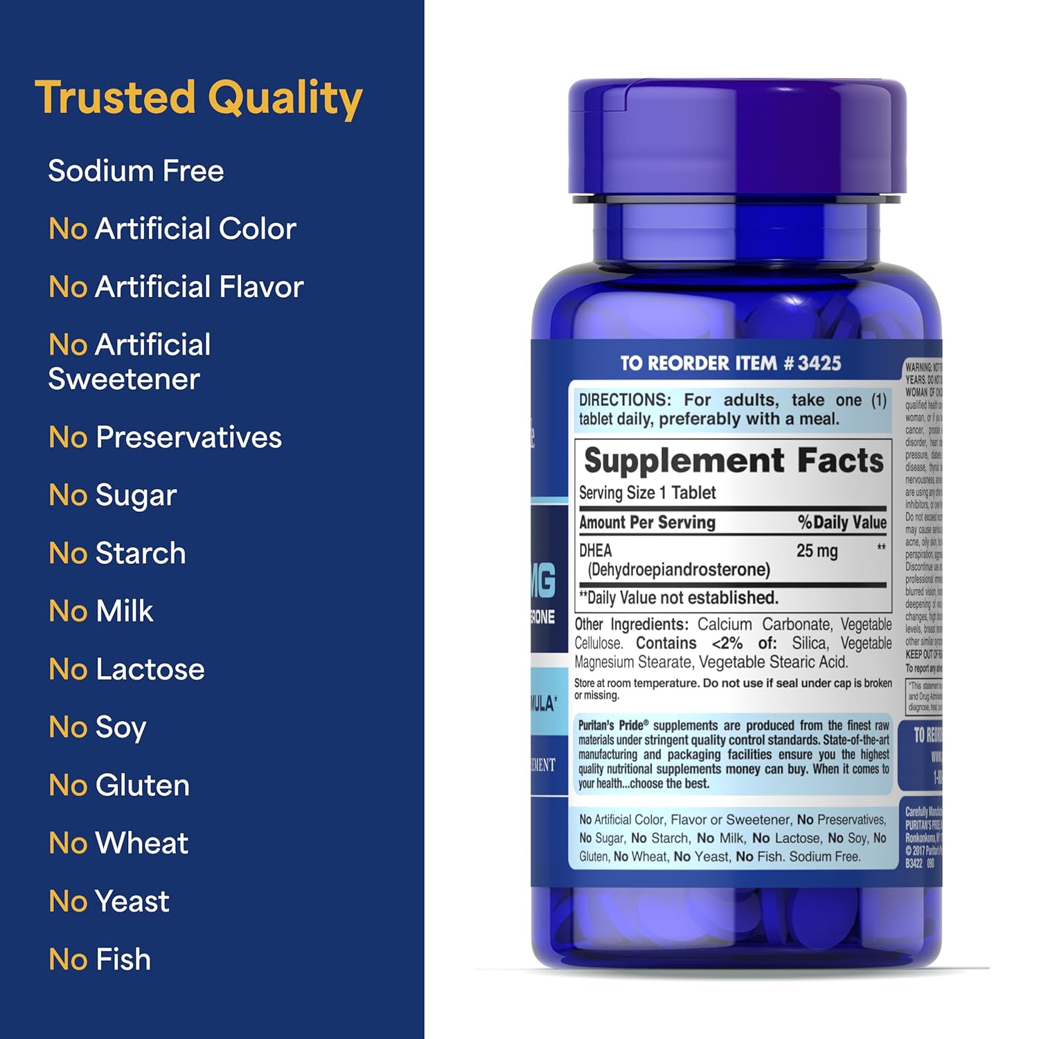 Puritan's Pride DHEA, Anti-Aging 25 mg 250 Tablets (Best Before 01-04-2028)