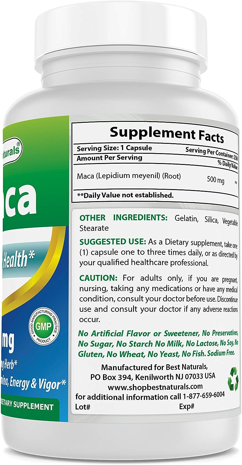 جذور الماكا 500 ملجم 250 كبسولة Best Naturals Maca (Best Before 01-11-2027)