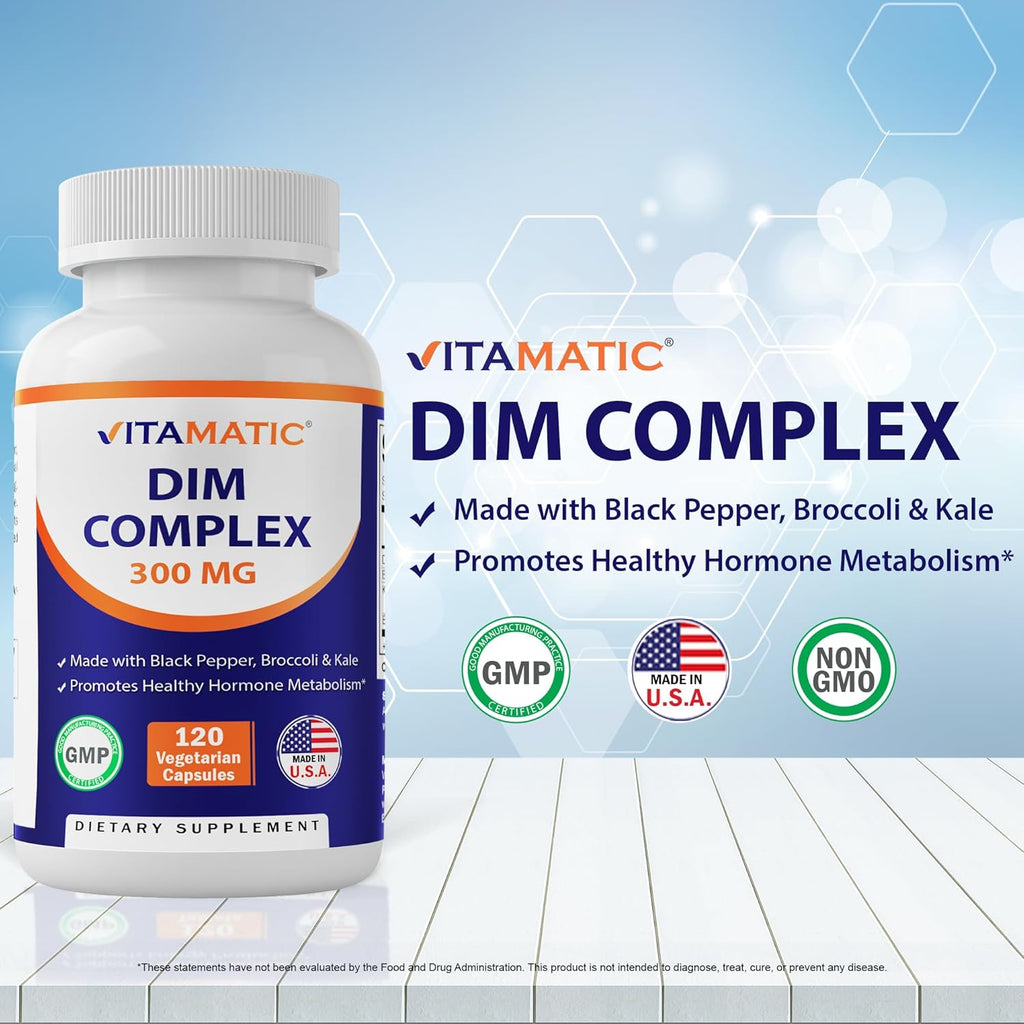 Vitamatic DIM Complex with Black Pepper, Broccoli Powder & Kale Powder 300mg 120 Capsules (Best Before 01-10-2026) Vitamatic DIM Complex with Black Pepper, Broccoli Powder & Kale Powder 300mg 120 Capsules (Best Before 01-10-2026)