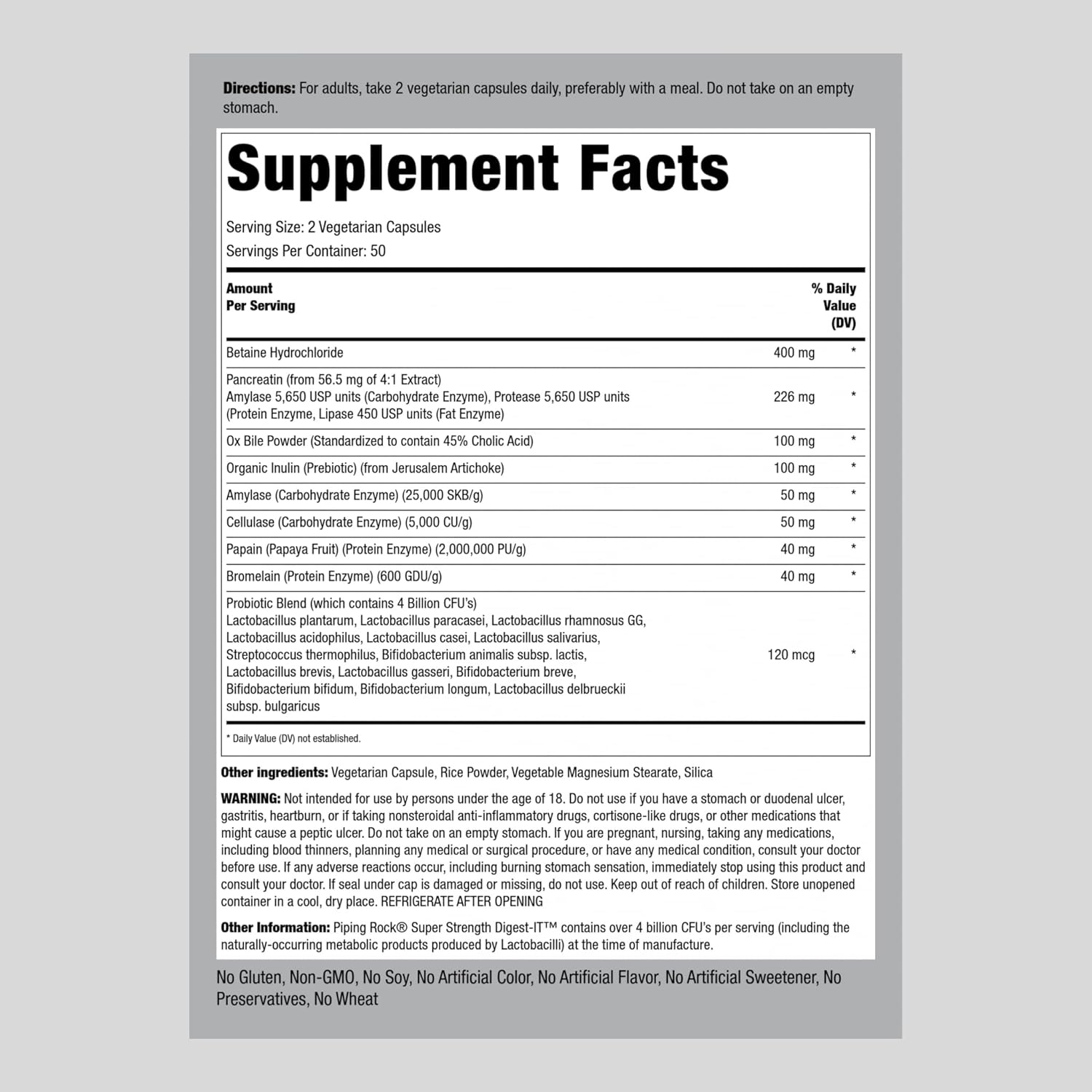 PipingRock Digest-IT Multi Digestive Enzymes Super Strength with Probiotics + Ox Bile Non-GMO 4 Billion CFU, 100 Capsules (Best Before 01-01-2028)