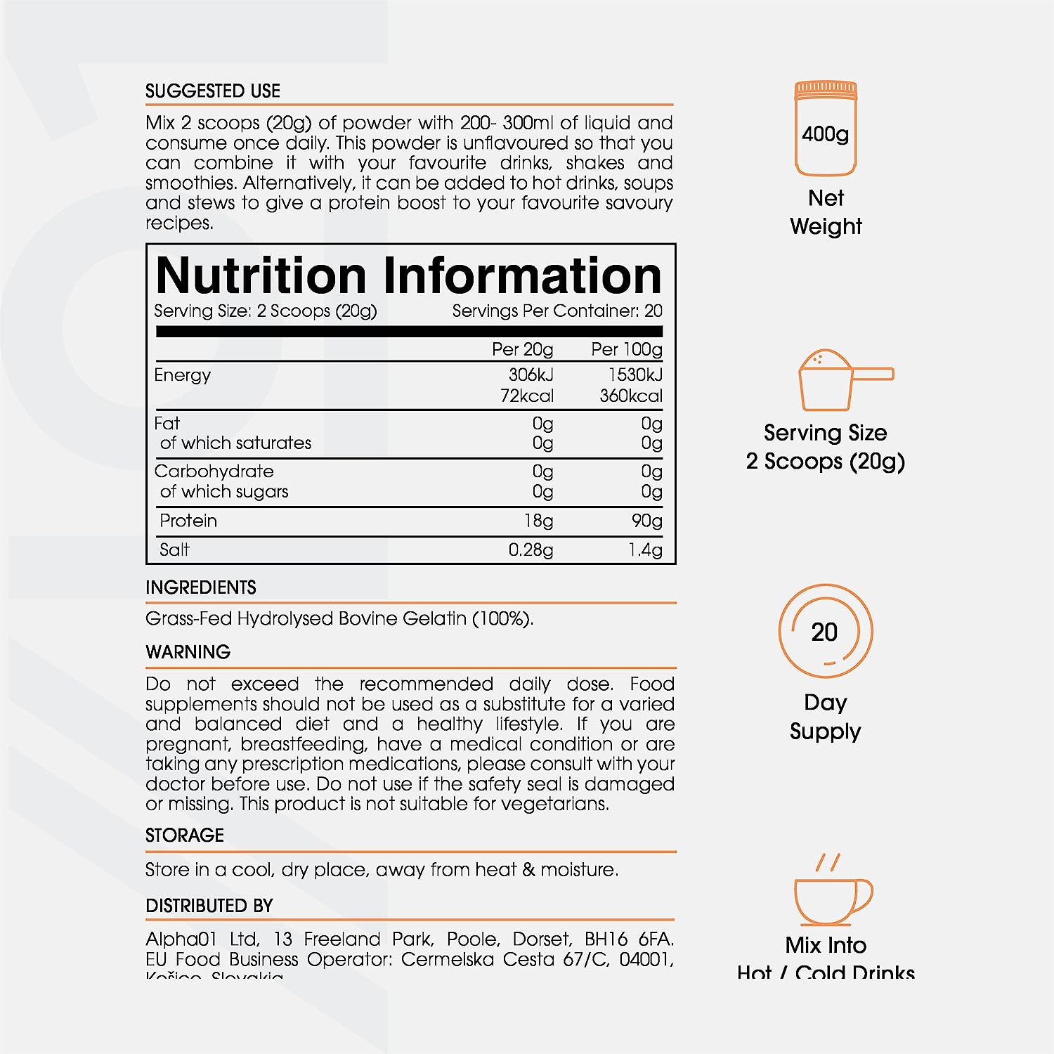 شوربة عظام الأبقار بودرة (متغذية على الأعشاب) 400 جرام ALPHA01 Grass-Fed Bone Broth Beef Protein Powder (Best Before 01-10-2028)