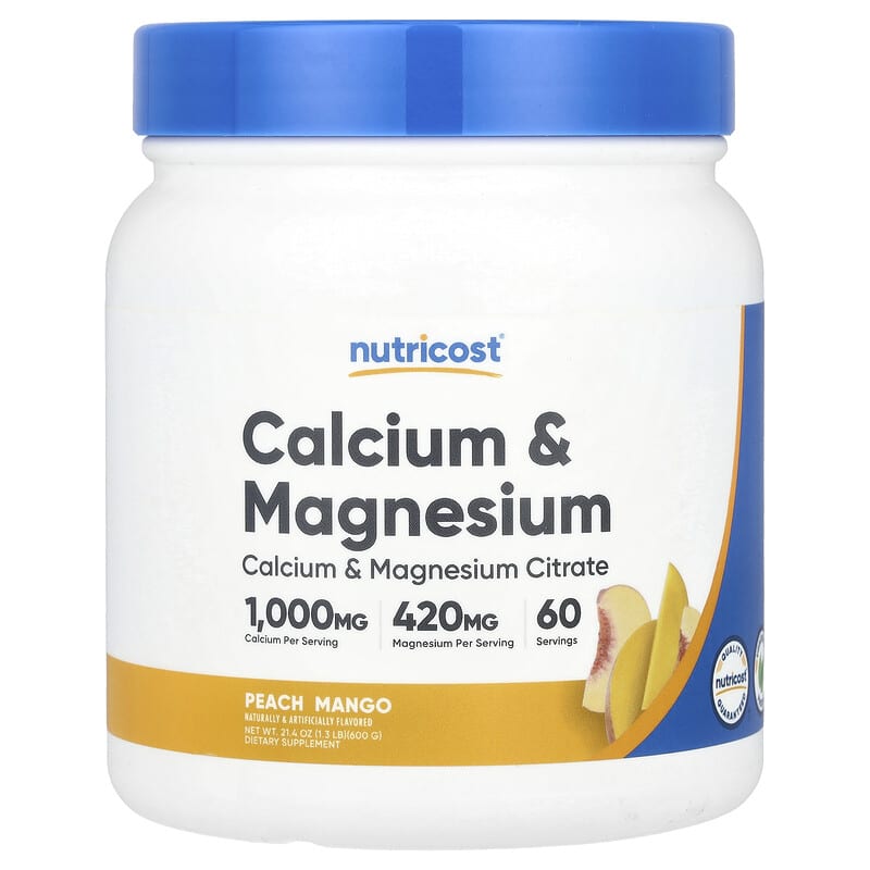 كالسيوم ستريت 1000 ملغم  + مغنيسيوم ستريت 420 ملغم كل 10 جرام بنكهة الخوخ والمانجو 600 جرام Nutricost, Calcium Citrate & Magnesium Citrate, Peach Mango (Best Before 01-09-2026)