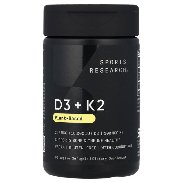 فيتامين د3 10000 وحدة مع ك2  100 ميكرو نباتي مع زيت جوز الهند 60 كبسولة Sports Research Vitamin D3+K2 MK7 with Coconut Oil (Best Before 01-02-2028)