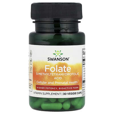 حمض الفوليك مثيل (ب9) طبيعي 800 ميكرو 30 كبسولة Swanson Folate 5-Methyltetrahydrofolic Acid (B9) - Bioactive Form (Best Before 01-10-2026)