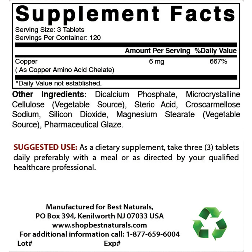 نحاس كليتد 2 ملجم 360 قرص Best Naturals Copper Chelate (Best Before 01-12-2026) نحاس كليتد 2 ملجم 360 قرص Best Naturals Copper Chelate (Best Before 01-12-2026)