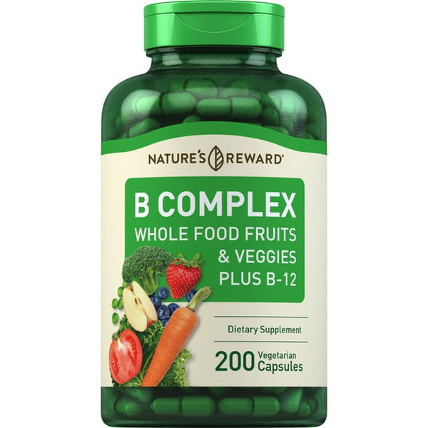 فيتامين ب كومبلكس الأفضل طبيعي 100% من الفواكه والخضراروات 200 كبسولة Nature's Reward Natural B Complex Whole Foods (Best Before 01-12-2026)