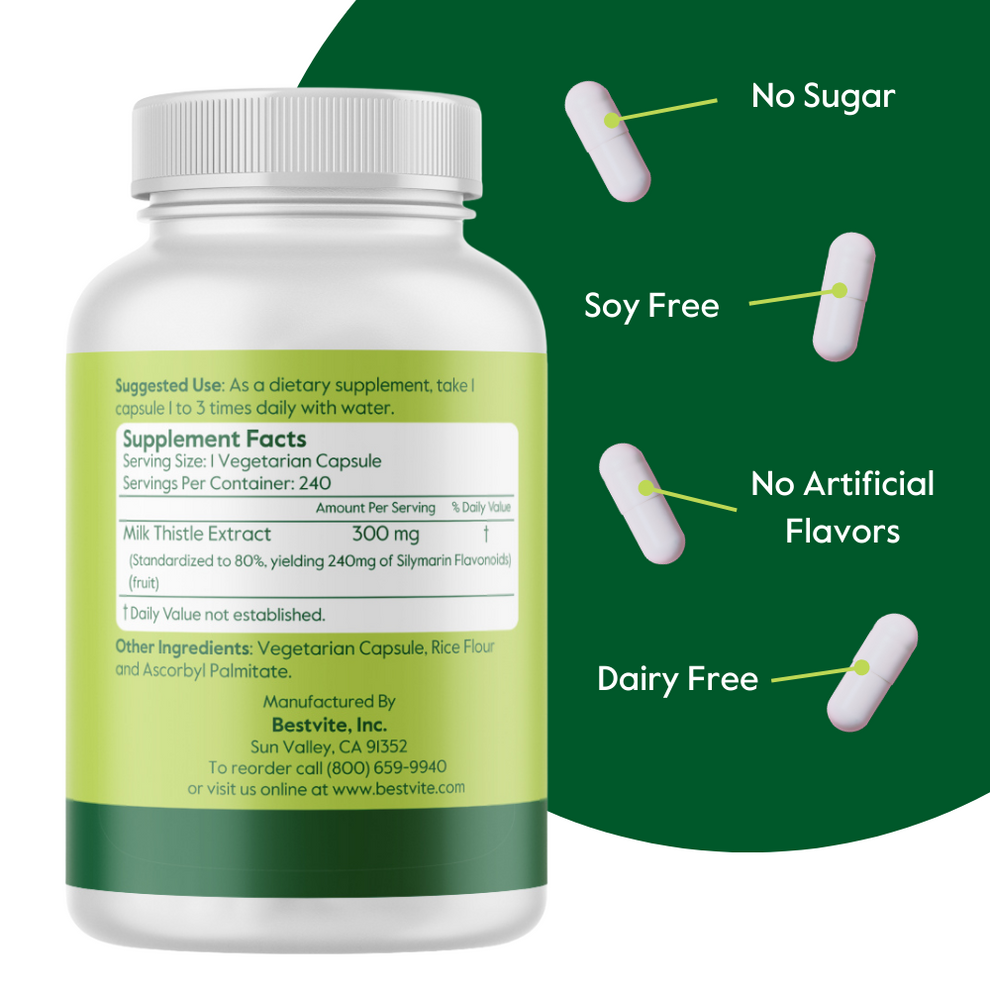 خلاصة حليب الشوك 300 ملغم, 80% سيليمارين 240 كبسولة Bestvite Milk Thistle Extract 80% Silymarin Non-GMO (Best Before 01-03-2028)