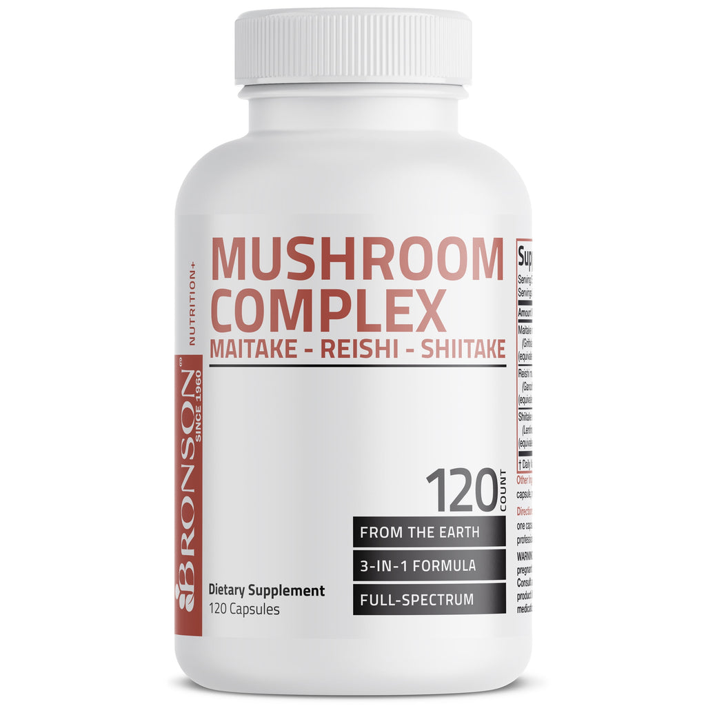 تركيبة مستخلص الفطر تعادل 600 ملغم مايتاكي، وريشي، وشيتاكي 120 كبسولة Bronson Mushroom Complex (Best Before 01-09-2026)