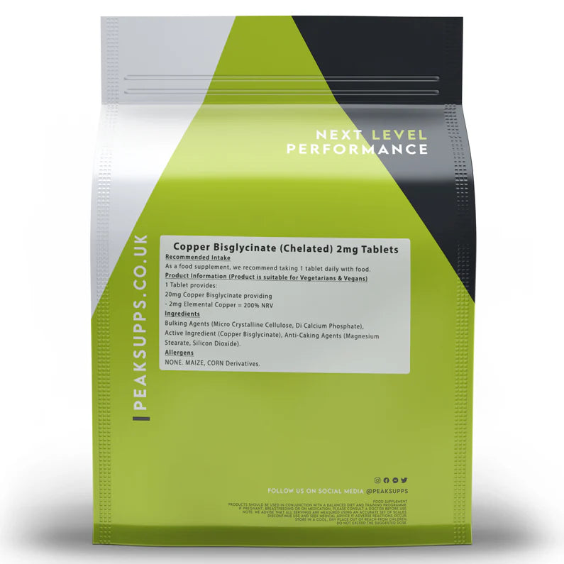 نحاس باي جلايسينيت (كليتد) 2 ملغ 90 قرص PEAK Copper Bisglycinate (Chelated) (Best Before 31-07-2027)
