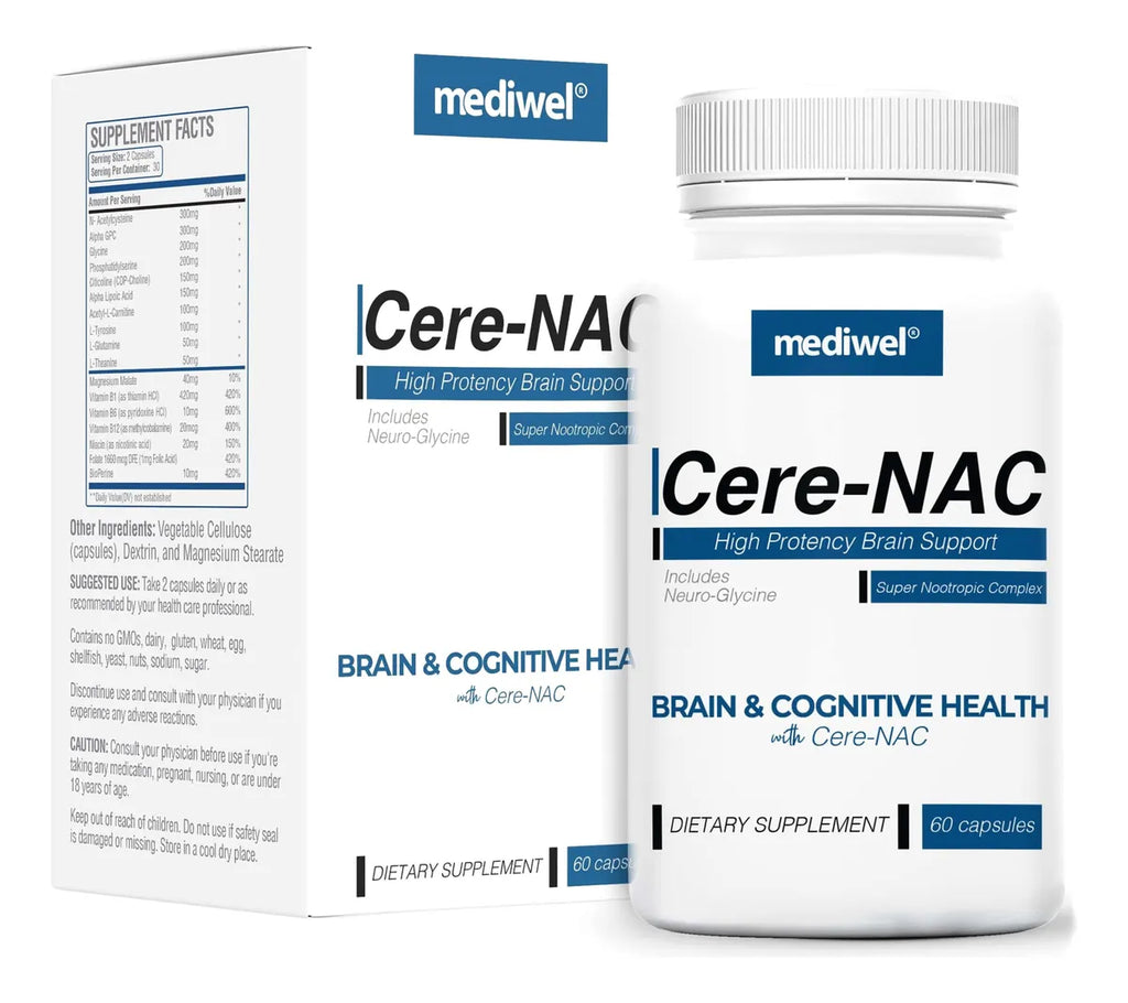 تركيبة ممتازة لدعم وظائف الدماغ 17 عنصر 60 كبسولة Mediwel Cere-NAC (Best Before 01-05-2026)