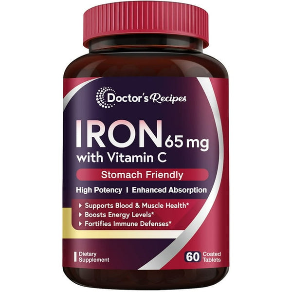 حديد كربونيل 65 ملجم مع فيتامين سي امتصاص عالي، سهل على المعدة 60 قرص Doctor's Recipes Iron Carbonyl Iron with Vitamin C (Best Before 01-05-2027)
