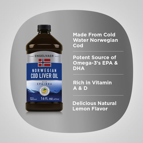 زيت كبد الحوت نرويجي سائل غني بأحماض أوميغا 3 الدهنية مع فيتامينات أ و د 473 مل Engelvaer Norwegian Cod Liver Oil (Natual Lemon Flavor) With Vitamin A & D Rich in Omega 3 Fatty Acids EPA 320 & DHA 410 (Best Before 01-12-2027)