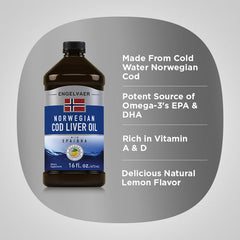 زيت كبد الحوت نرويجي سائل غني بأحماض أوميغا 3 الدهنية مع فيتامينات أ و د 473 مل Engelvaer Norwegian Cod Liver Oil (Natual Lemon Flavor) With Vitamin A & D Rich in Omega 3 Fatty Acids EPA 320 & DHA 410 (Best Before 01-12-2027)
