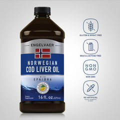 زيت كبد الحوت نرويجي سائل غني بأحماض أوميغا 3 الدهنية مع فيتامينات أ و د 473 مل Engelvaer Norwegian Cod Liver Oil (Natual Lemon Flavor) With Vitamin A & D Rich in Omega 3 Fatty Acids EPA 320 & DHA 410 (Best Before 01-12-2027)