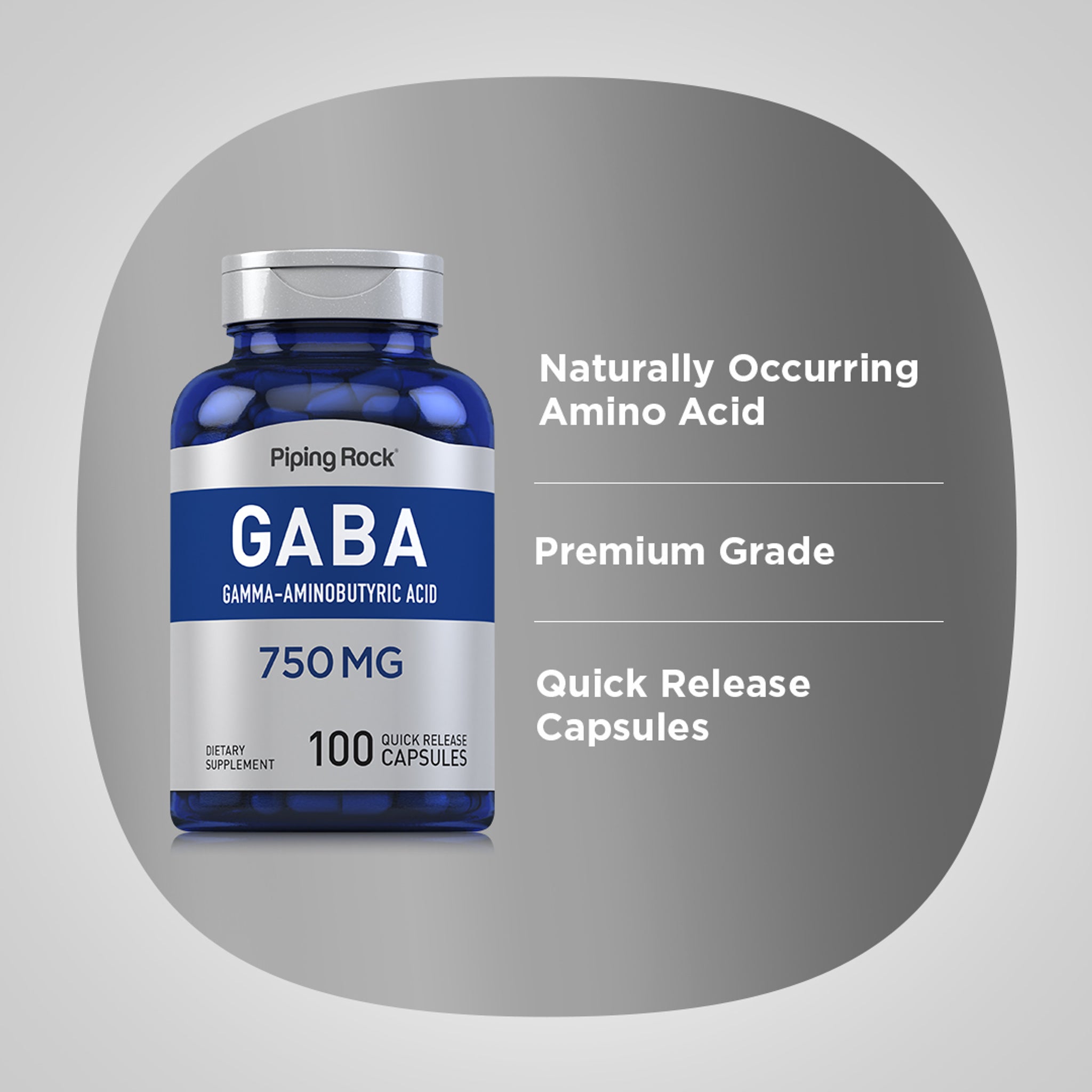 حمض غاما / غابا تركيز مضاعف 750 ملجم 100 كبسولة PipingRock GABA (Gamma-Aminobutyric Acid) (Best Before 01-05-2028)