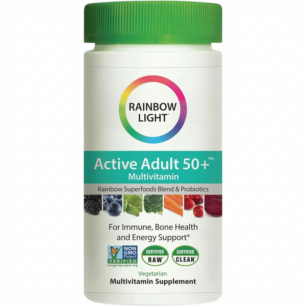 فيتامينات ومعادن متعددة + خلاصات أعشاب + انزيمات هاضمة + بروبيوتك الأفضل للكبار 1175 ملغم 55 عنصر 90 قرص RAINBOW LIGHT Active 50+ Multivitamin (Best Before 01-12-2027)