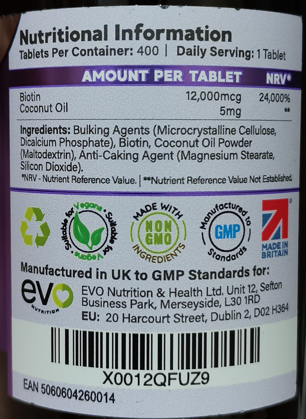 بيوتين فائق 12,000 مكجم (فيتامين ب7 ) بزيت جوز الهند 400 كبسولة EVO Nutrition High Strength Biotin (Vitamin B7) with Coconut Oil (Best Before 01-05-2028)