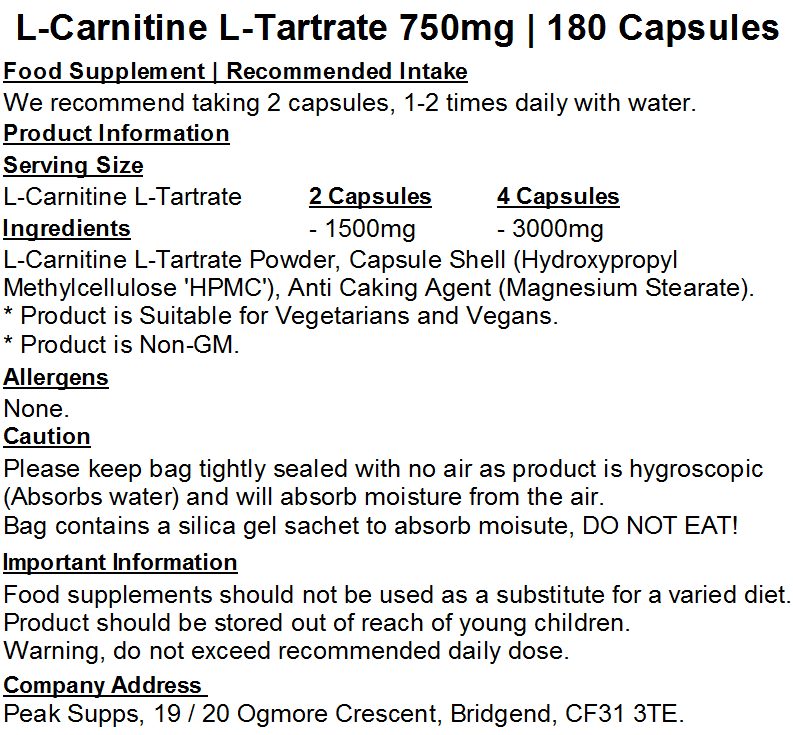ل كارنتين 750 ملجم 180 كبسولة Peak Supps L-Carnitine L-Tartrate (Best Before 28-02-2027)