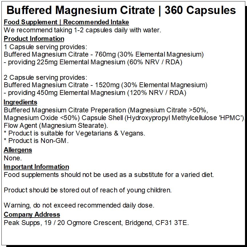 مغنيسيوم ستريت بالقوة المضاعفة 225 ملغم 360 كبسولة Peak Supps Buffered Magnesium Citrate (Best Before 28-02-2027)