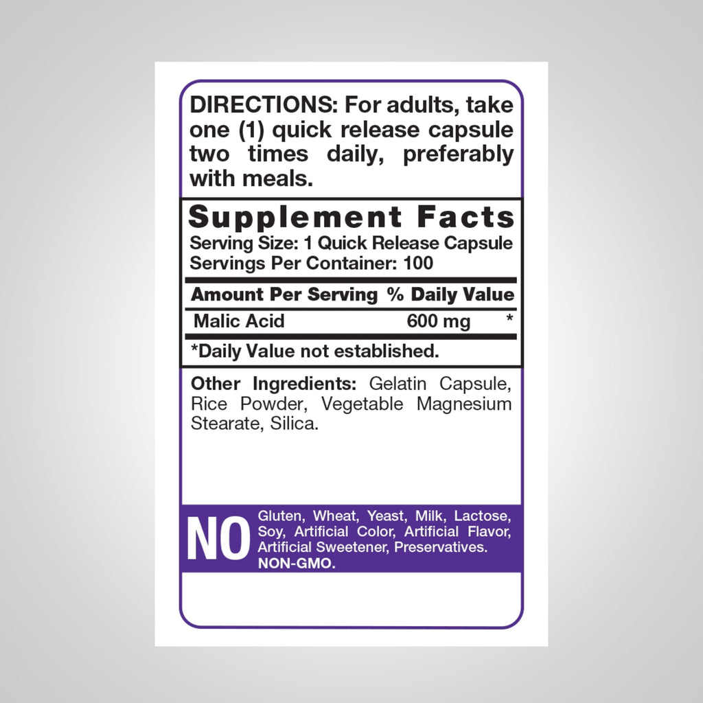 حمض الماليك (حمض التفاح) 600 ملجم 100 كبسولة PipingRock Malic Acid (Non-GMO) (Best Before 01-05-2026)