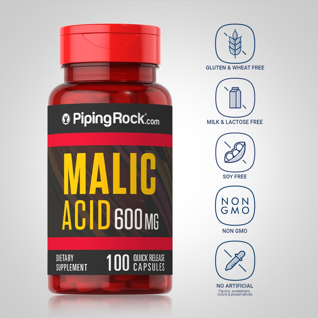 حمض الماليك (حمض التفاح) 600 ملجم 100 كبسولة PipingRock Malic Acid (Non-GMO) (Best Before 01-05-2026)