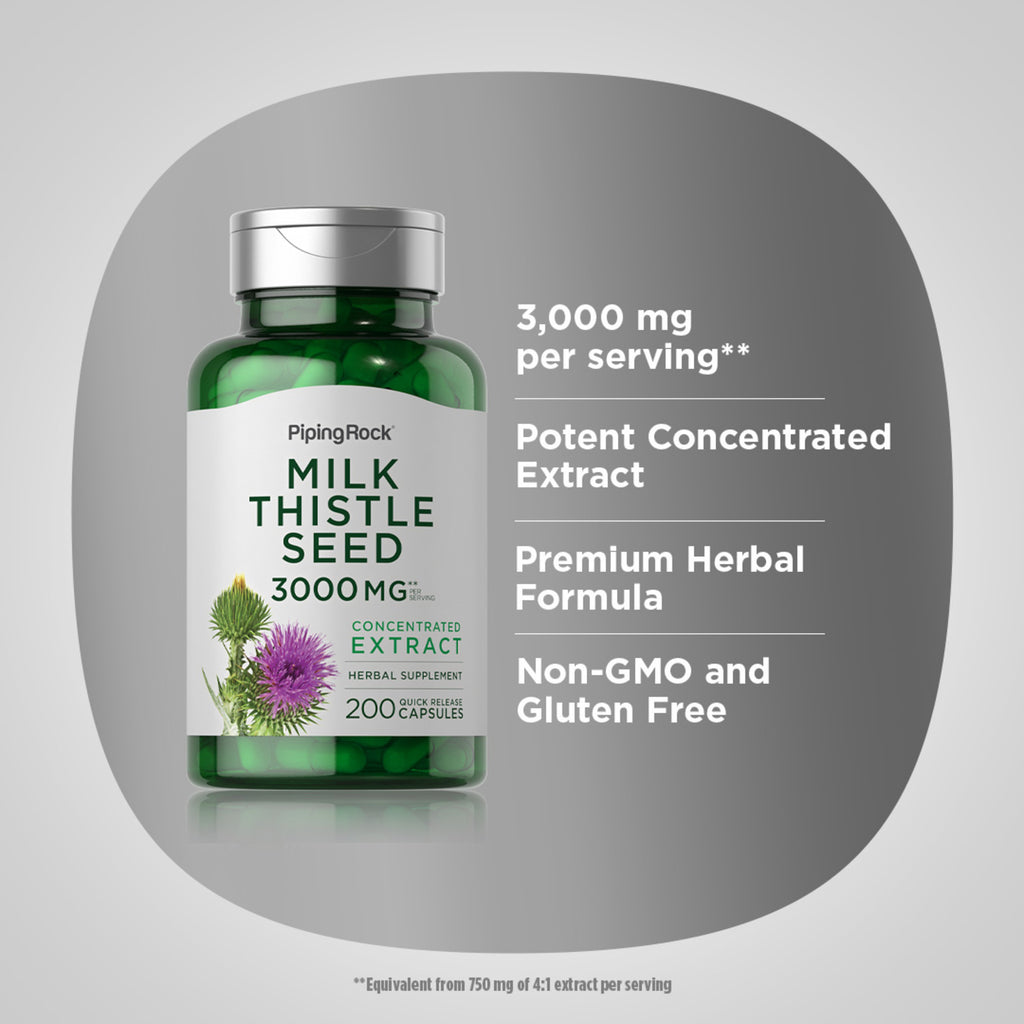خلاصة حليب الشوك تعادل 1000 ملغم 200 كبسولة PipingRock Milk Thistle Seed Extract Non-GMO (Best Before 01-04-2027)
