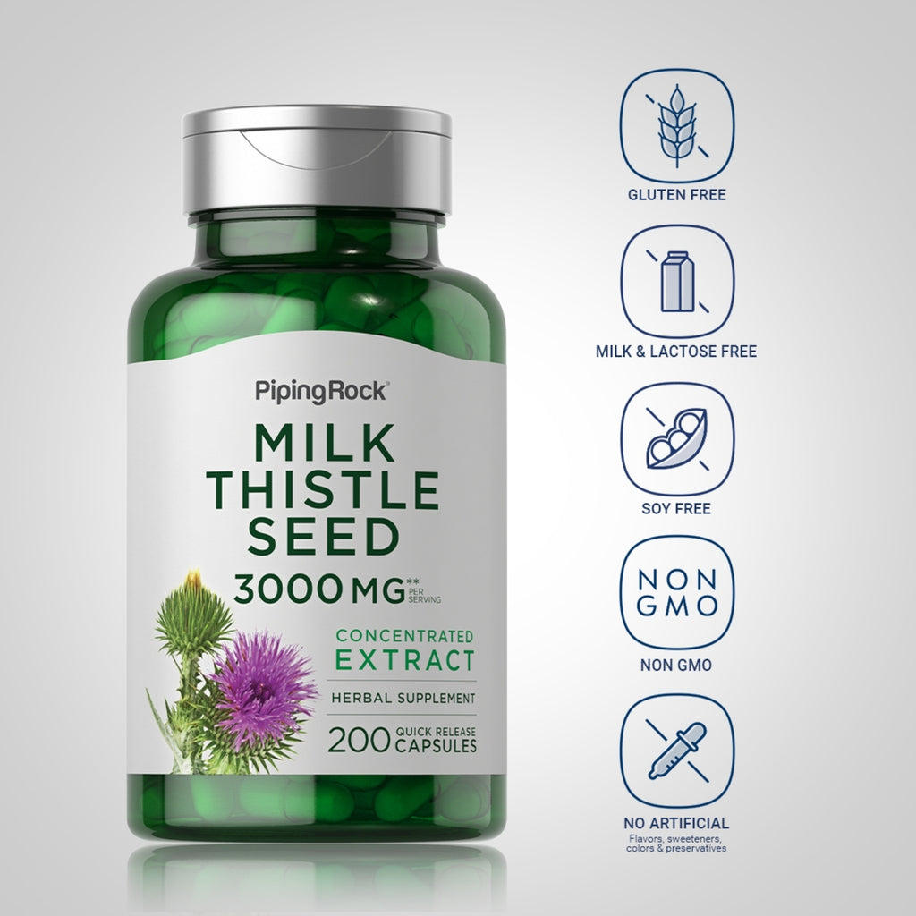 خلاصة حليب الشوك تعادل 1000 ملغم 200 كبسولة PipingRock Milk Thistle Seed Extract Non-GMO (Best Before 01-04-2027)